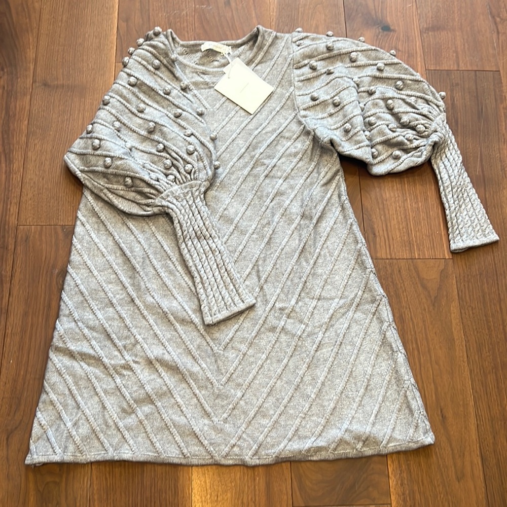 NWT! knit dress, waffle sleeve and pompon detailing, size S